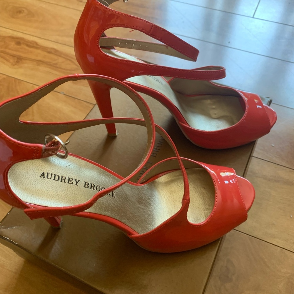 Audrey Brooke Coral Tanner paten leather, open toe shoes.